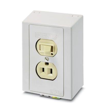 Phoenix Contact 5602292 Fully enclosed, rail-mounted utility outlet for mounting on 35Â mm DIN rail per EN 60715. The 120Â VÂ AC/15Â A receptacle can be turned on and off with the switch. An indicator light illuminates when the receptacle is active and voltage is present.Housing