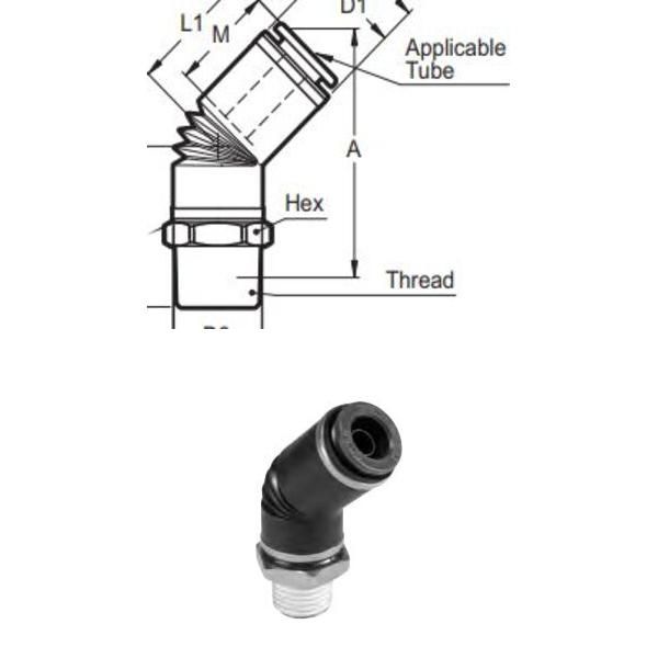 SMC KV2K11-37S 45° Male Elbow Connector made from rugged ultraviolet and vibration resistant composite, 3/8" OD tube fitting with 1/2-14 NPT Thread