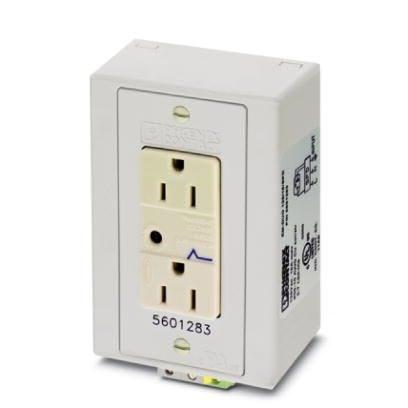 Phoenix Contact 5601283 Rail-mounted dual power outlet with two 120Â VÂ AC/15Â A receptacles equipped with transient voltage surge suppression (TVSS) for 35Â mm DIN rail per ENÂ 60715. The outlet protects laptops, instrumentation, and other sensitive 120Â VÂ AC-powered equipment
