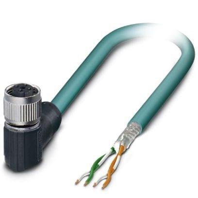 Phoenix Contact 1192158 Network cable, Ethernet CAT5e (100 Mbps), 4-position, TPE, Teal, shielded, free cable end, on Socket angled M12 / IP65, coding: D, cable length: 2 m