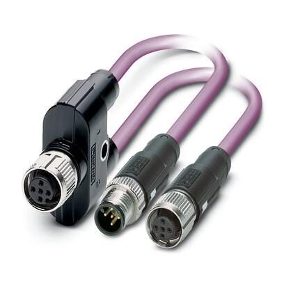 Phoenix Contact 1514579 Bus system cable, CANopenÂ®, DeviceNetâ„¢, 5-position, PUR halogen-free, red lilac RAL 4001, shielded, Socket straight M12, coding: A, on Plug straight M12, coding: A and Socket straight M12, coding: A, cable length: 0.5 m, M12 connector, shielded, Y-dist