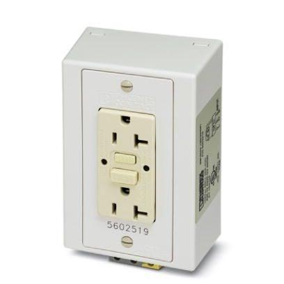 Phoenix Contact 5602519 Rail-mounted dual power outlet with two 120Â VÂ AC/20Â A receptacles equipped with ground fault circuit interruption (GFCI) for 35Â mm DIN rail per ENÂ 60715. GFCI protects against shock hazards associated with ground shorts. For enhanced safety, the grou